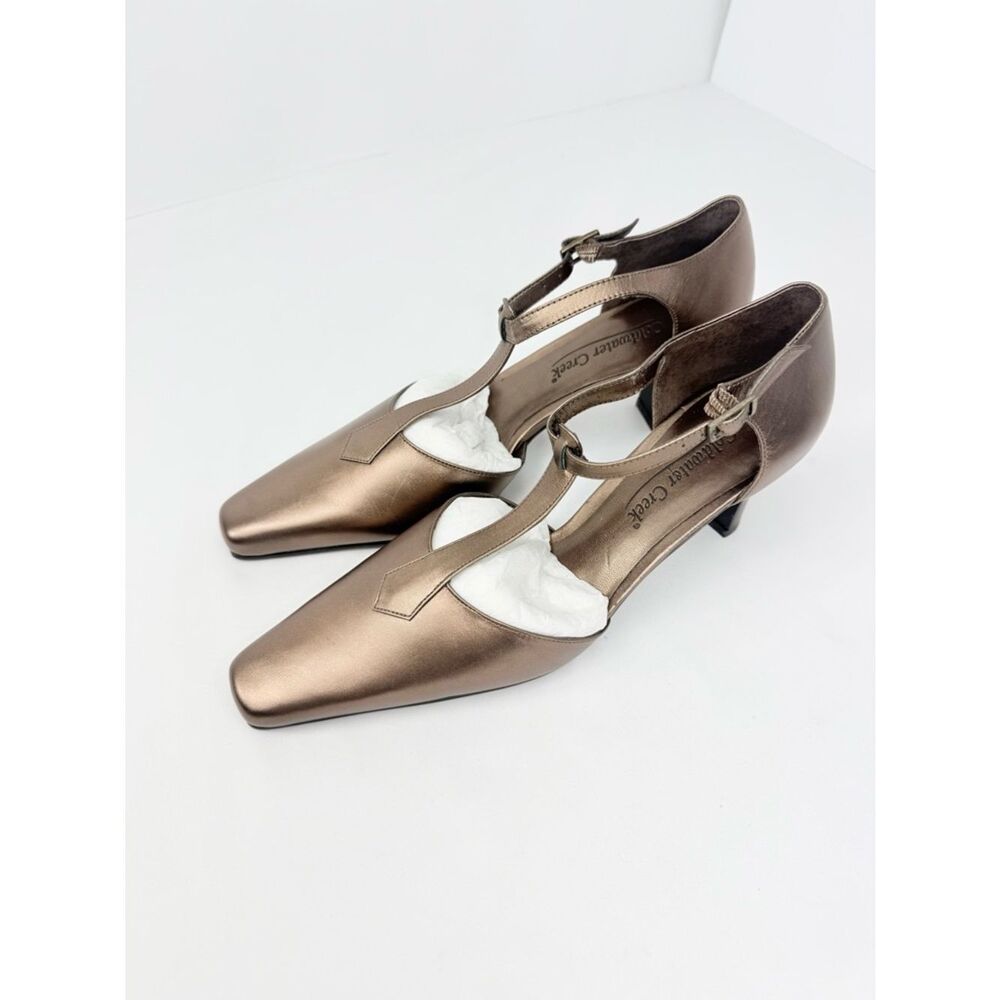 Coldwater Creek Bronze Metallic T Strap Pointed Square Toe Kitten Heel Pumps NEW - Picture 5 of 16